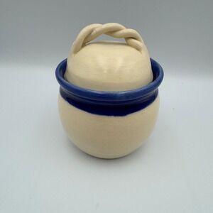 Handmade Pottery Butter Dish w Lid Blue Band Twisted Handle John Larson 11-24-62